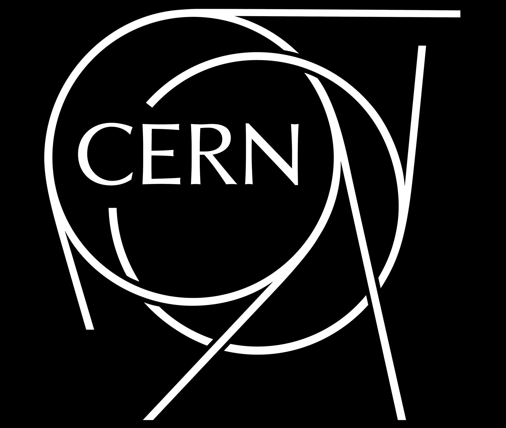 Stylized black and white graphic with the word 'CERN' inside a circle, surrounded by intersecting lines and geometric shapes.