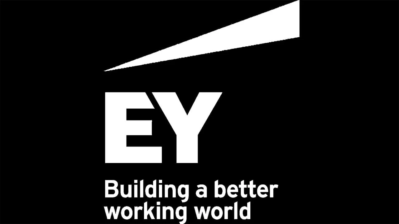 Black background with white text and logo, displaying the EY logo and the slogan 'Building a better working world'.