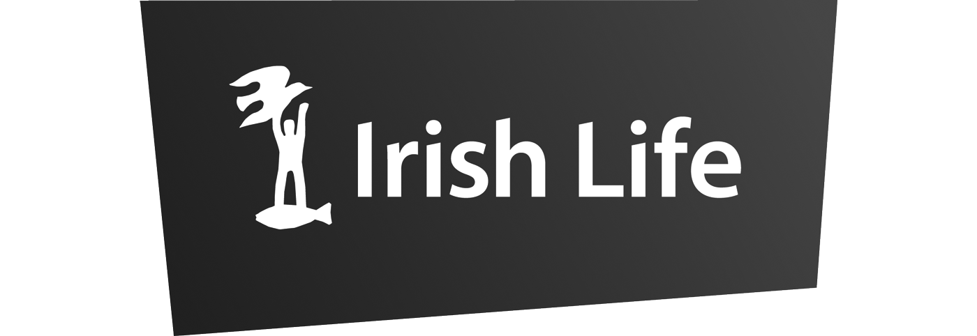 Logo for Irish Life with a stylized figure holding a harp in white on a black background.