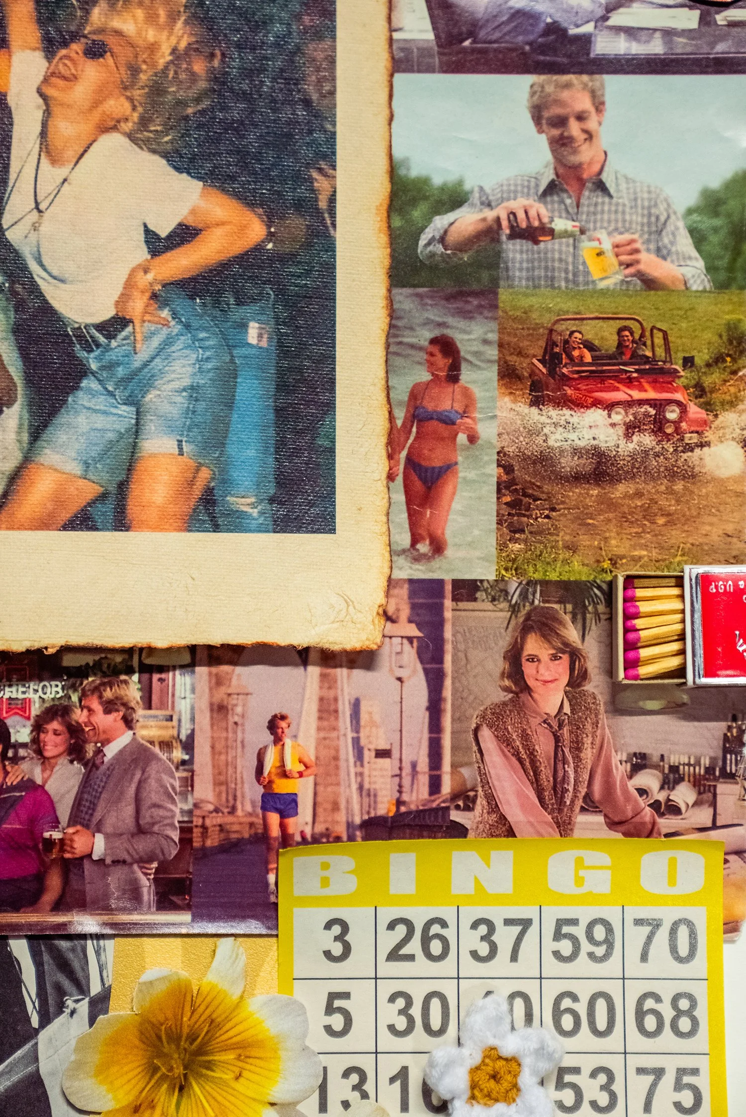 A collage of vintage photos featuring people in various outdoor and urban settings, a bingo card, and decorative flowers.