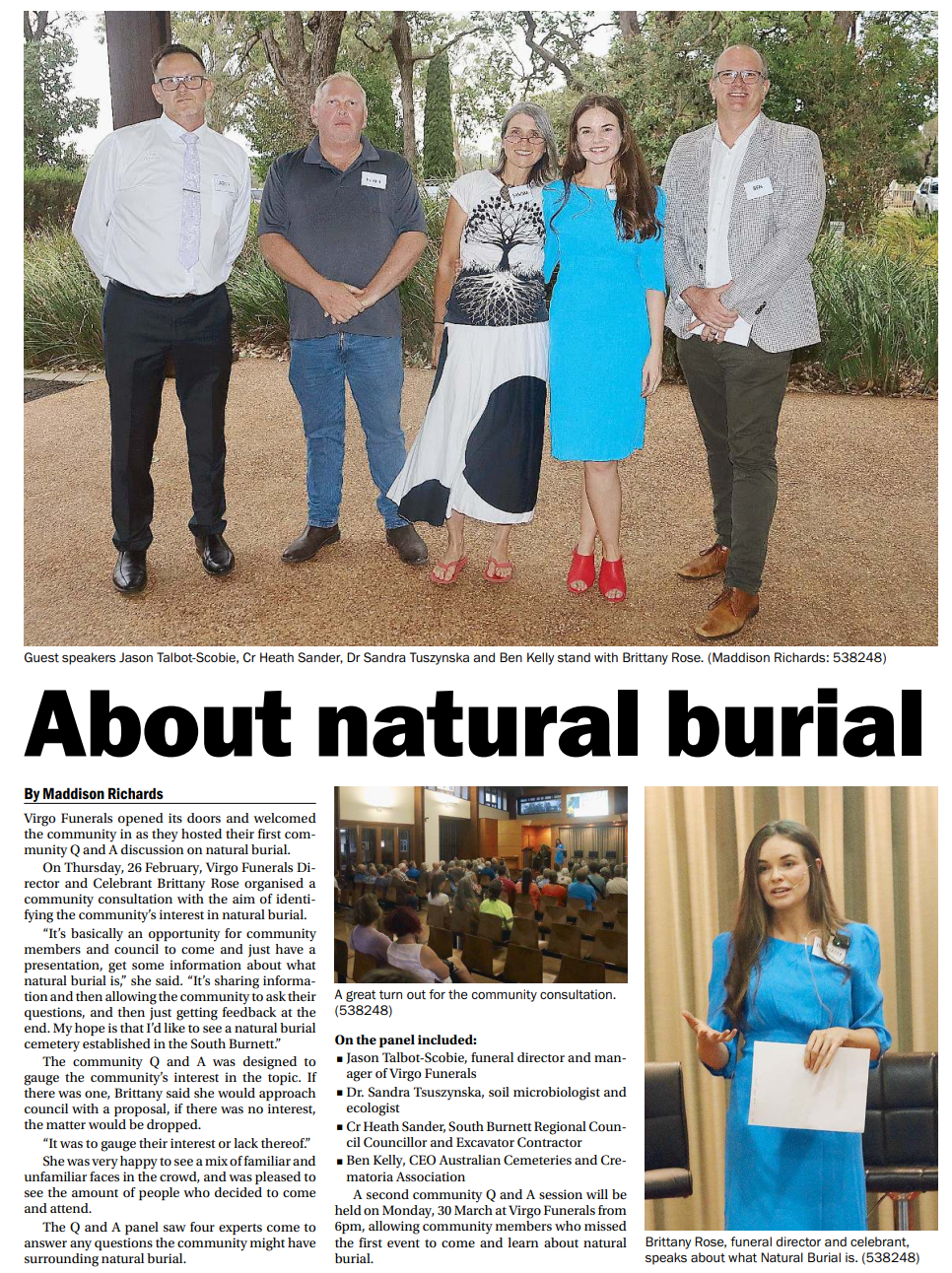 Jason Talbot-Scobie, Cr Heath Sander, Dr. Sandra Tuszynska, Brittany Rose and Ben Kelly stand out the front of Virgo Funerals Chapel at 24 Pioneer Avenue Kingaroy, smiling for a photo for the Burnett Today Newspaper