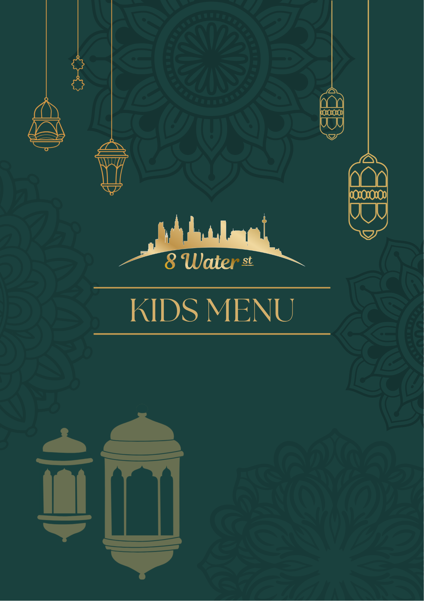 Kids menu cover with a dark green background, featuring golden outlines of lanterns, traditional architecture, and a city skyline, with text indicating the restaurant's address at 8 Water Street.