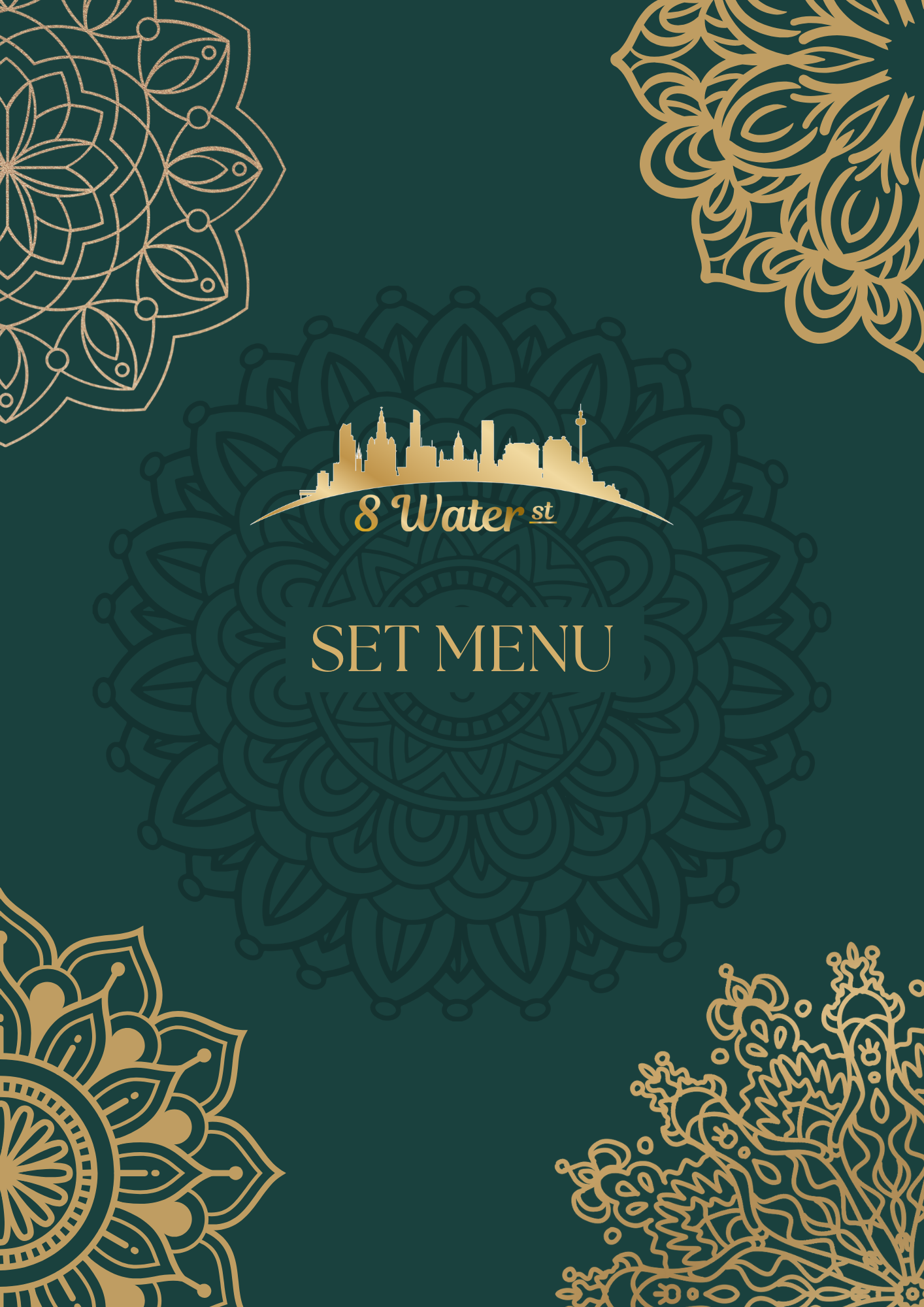 A menu cover for 8 Water Street, featuring a dark green background with gold-colored decorative mandala patterns and an illustrated skyline of a city with a tall tower. The words "8 Water St" and "SET MENU" are written in gold.