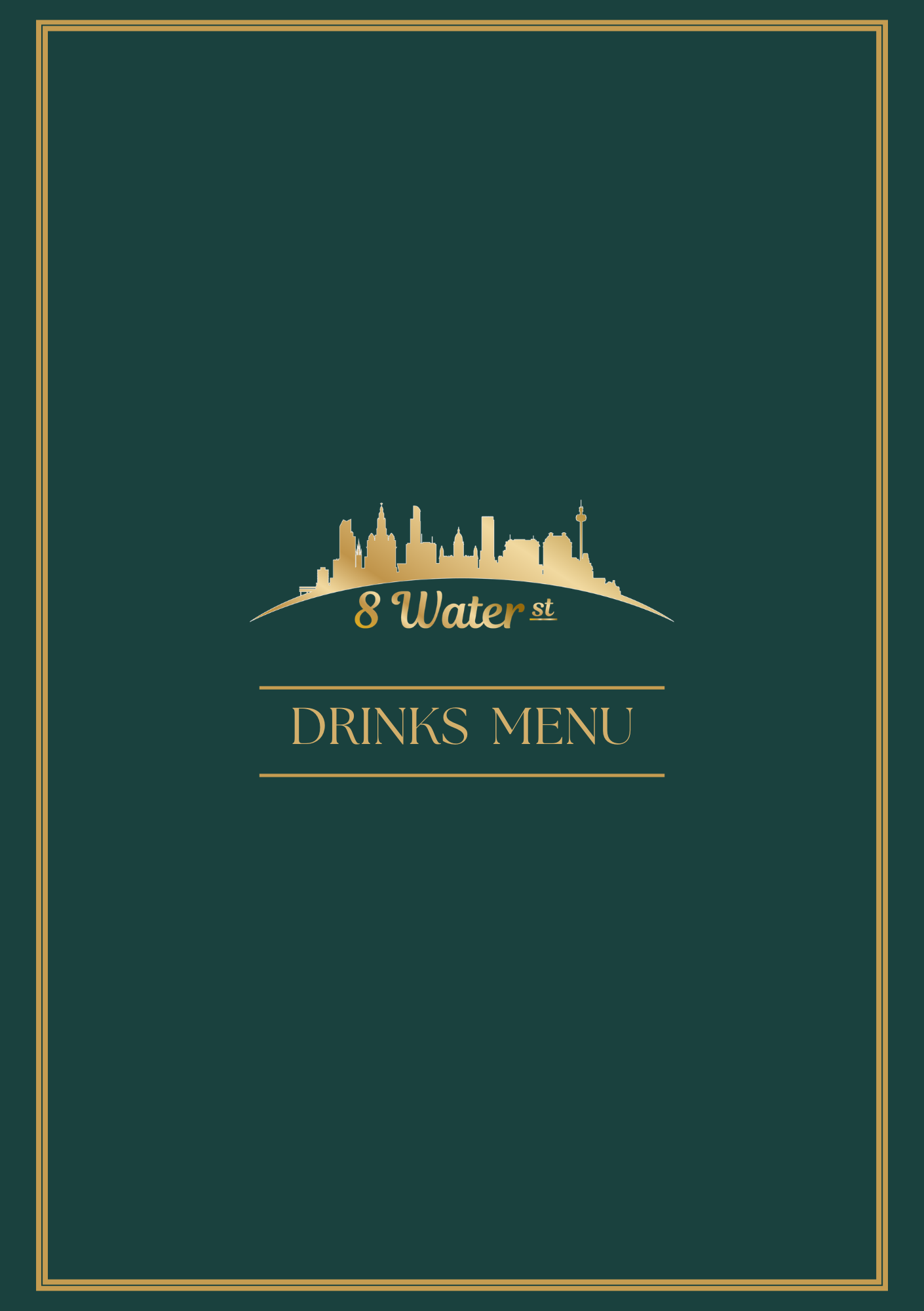 A drinks menu cover featuring a skyline silhouette with iconic buildings and a tower, along with the text '8 Water St' and 'Drinks Menu' in gold on a dark green background.