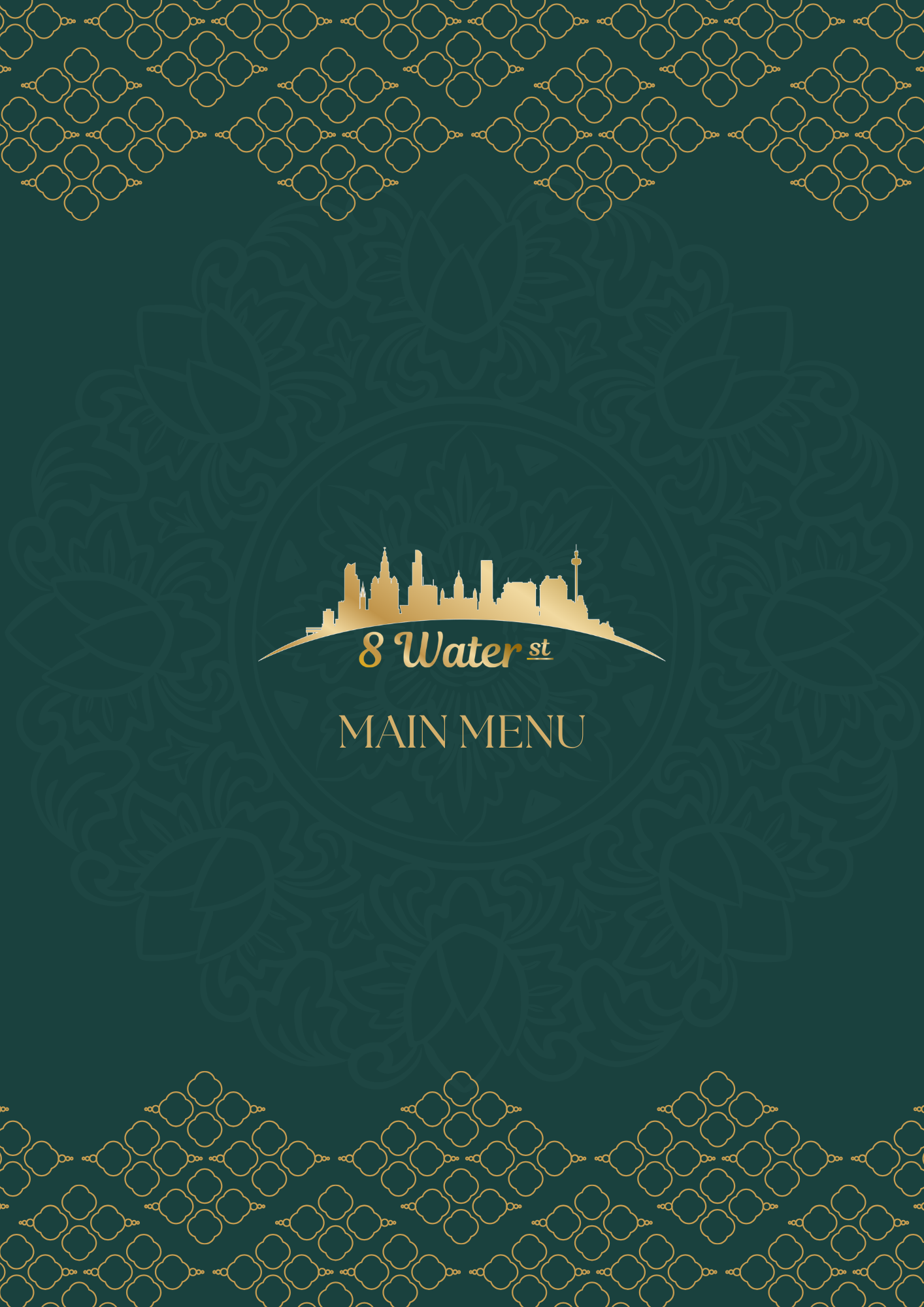 A gold city skyline silhouette with the text '8 Water St' and 'Main Menu' below it on a dark green background with gold decorative patterns.