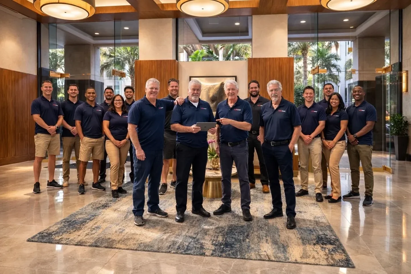 RAS Engineering team in navy polo shirts standing together in a lobby.