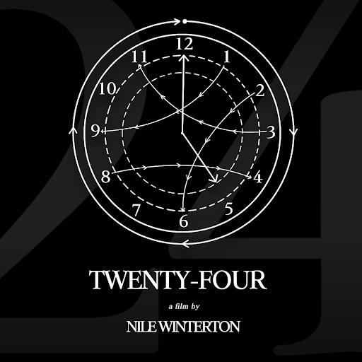 Black and white promotional poster for the film "Twenty-Four" by Nile Winterton. Features an illustration of a clock face with arrows indicating different times.