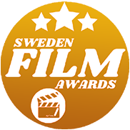 Sweden Film Awards logo with a gold circular background, white text, three stars at the top, and a clapperboard icon at the bottom