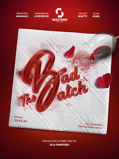 Teal and red poster for TV series 'The Pod Watch,' produced by 9xSixteen Films, featuring a spilled wine glass, rose petals, and the tagline 'Six Episodes, One twisted story.'