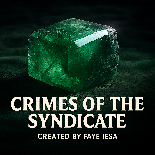 A large, green, translucent gemstone or mineral block with the title "Crimes of the Syndicate" and the subtitle "Created by Faye Iesa" displayed on a dark background.