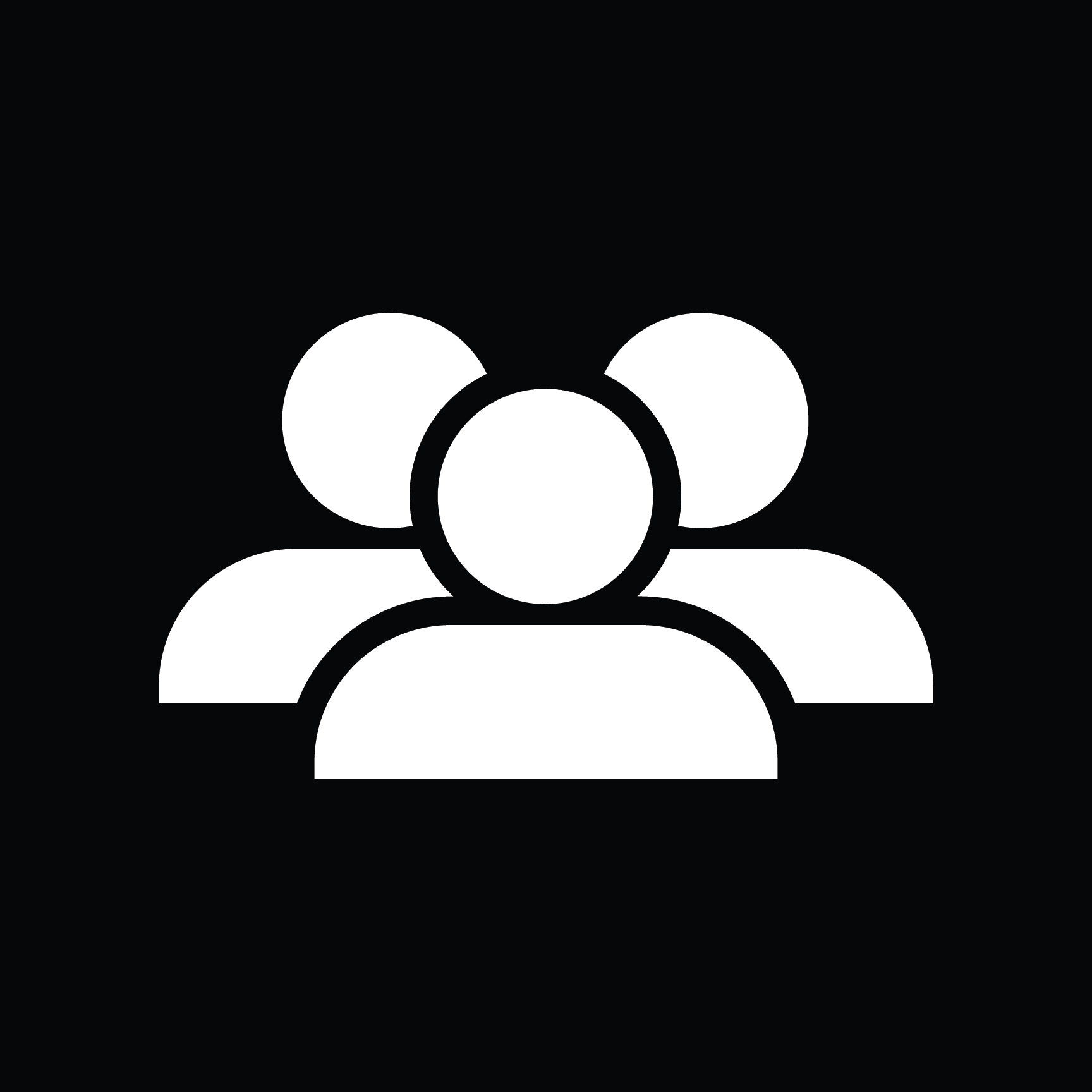 Icon of three white human figures on a black background, representing a group or team.