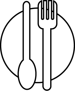 Silhouette of a spoon, knife, and fork on a black background.
