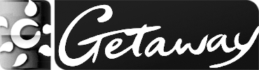 The image shows a logo with the words 'Getaway' in white cursive font on a black background.