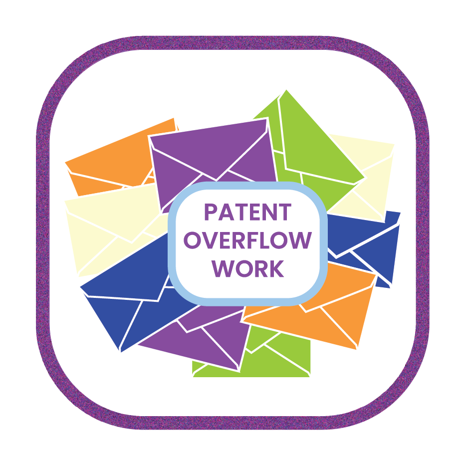 Colorful illustration of overflowing envelopes surrounding a central label that reads 'Patent Overflow Work'.