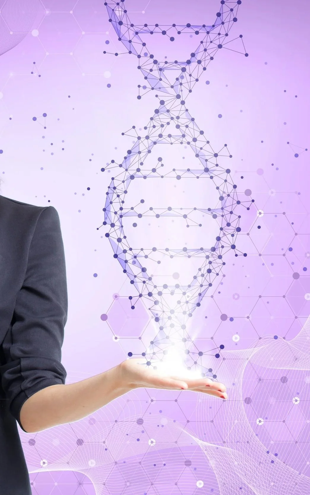 A person in a black blazer holds her hand out, with a digital rendering of a DNA double helix made of connected dots and lines emerging from her palm against a purple and white abstract background.