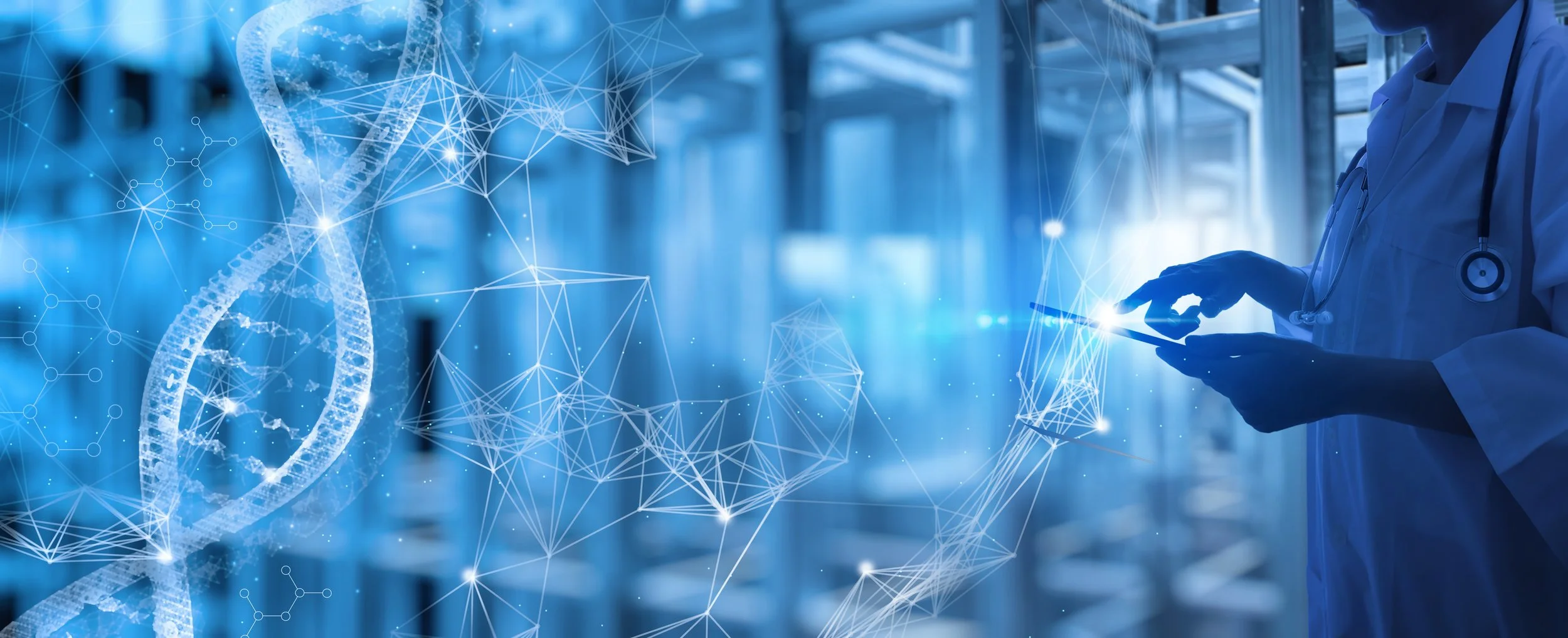 A scientist holding a tablet with digital DNA strands and molecular structures overlaid, in a research laboratory.