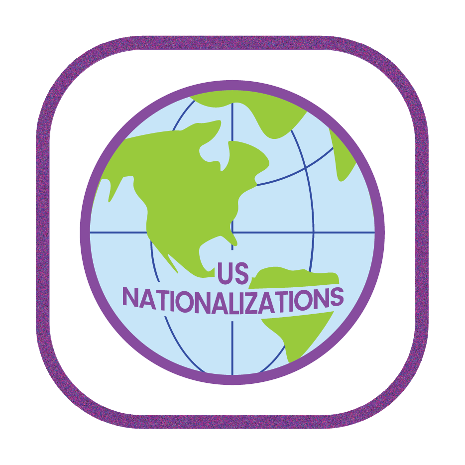 A graphic icon of a globe featuring North and South America, with the words "US Nationalizations" overlaid in purple text, enclosed in a purple glittery border.