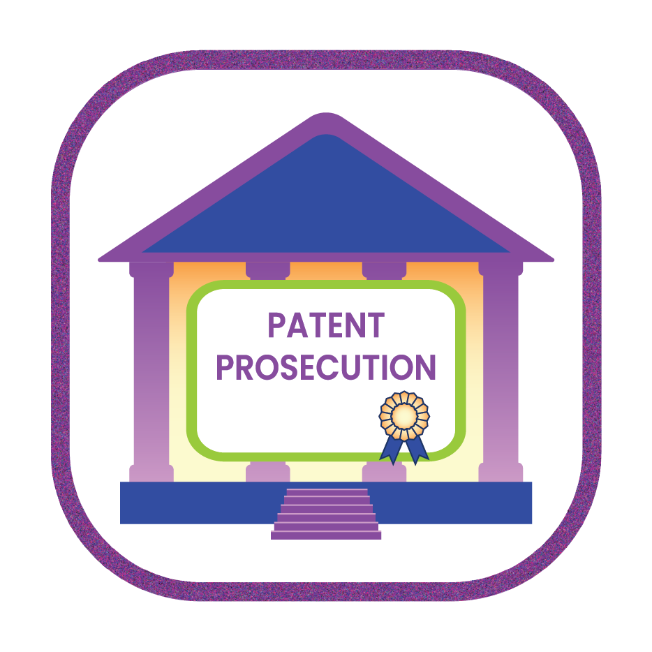 A graphic illustration of a courthouse with purple pillars and roof, displaying the words 'Patent Prosecution' on a sign, and a blue ribbon award at the bottom right of the sign.