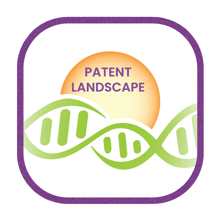 An illustration of a landscape with a purple sky, green hills, a bright sun in the background, and a speech bubble with the text 'Patent Landscape'.