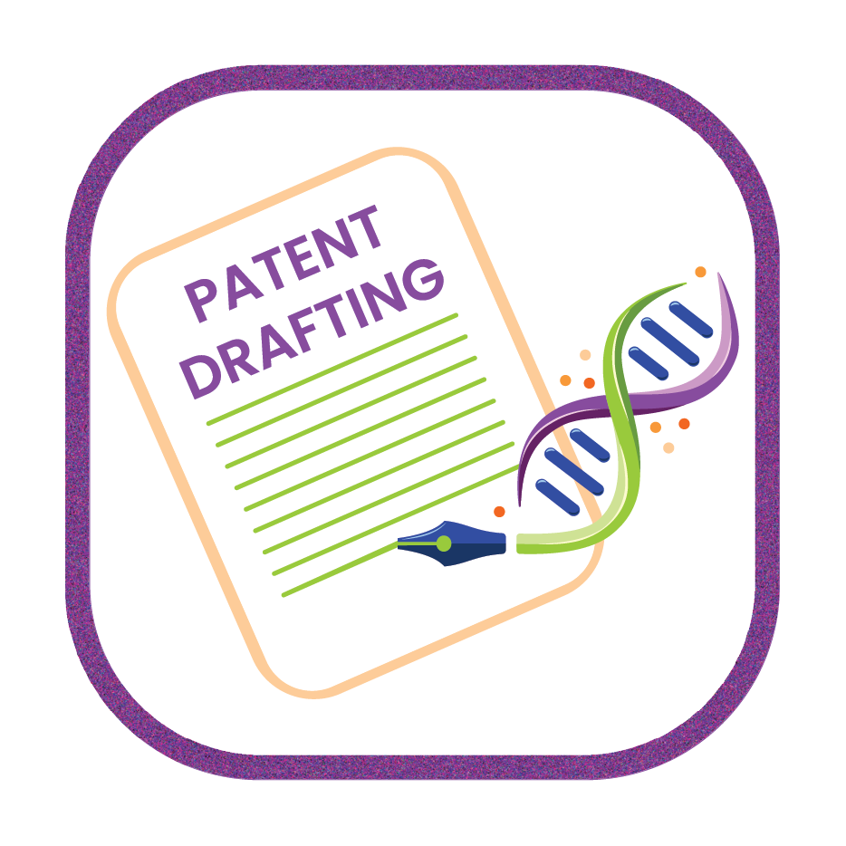 Icon representing patent drafting with a document labeled 'Patent Drafting' and a DNA double helix intertwined with a fountain pen nib.