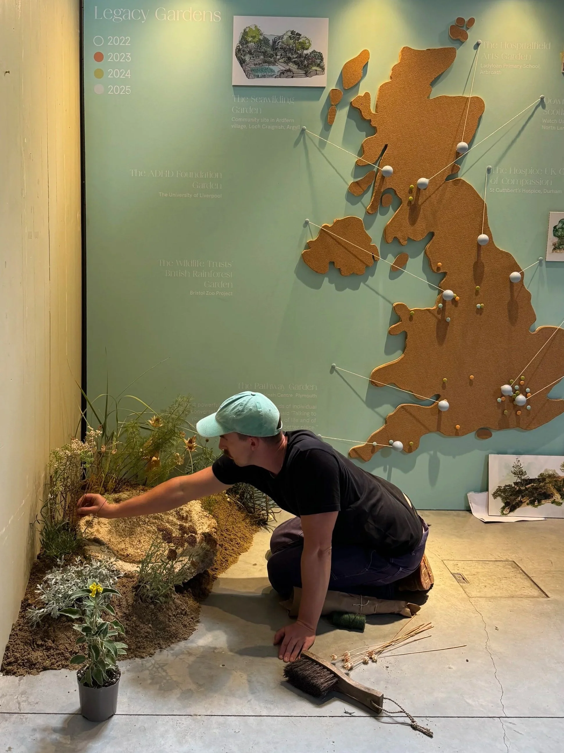 A person kneeling on the floor of a museum or exhibit, arranging plants and moss on the ground, with a large wall map and informational panel about legacy gardens in the background.