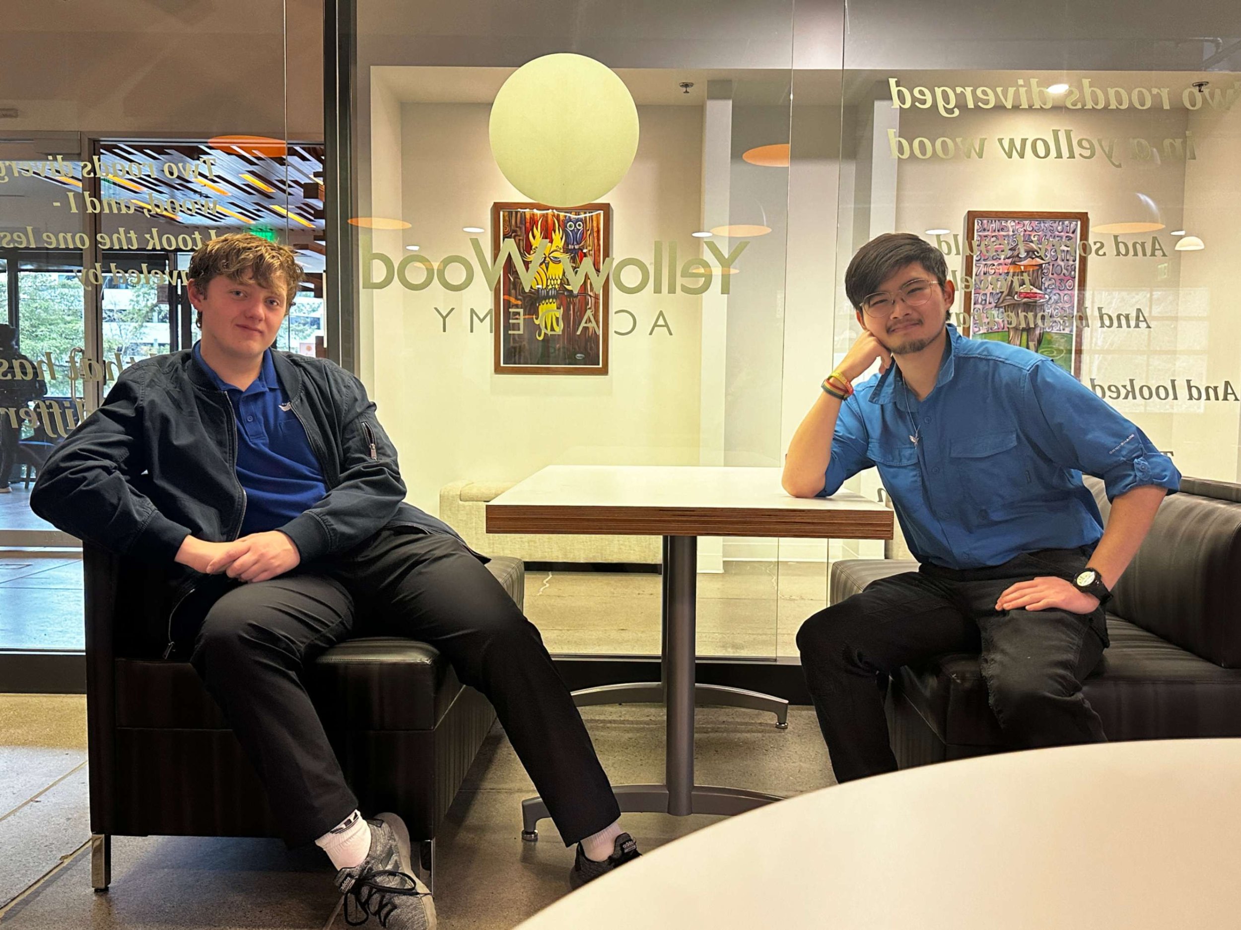 Yellow Wood Academy students sitting in the school common area for student testimonials