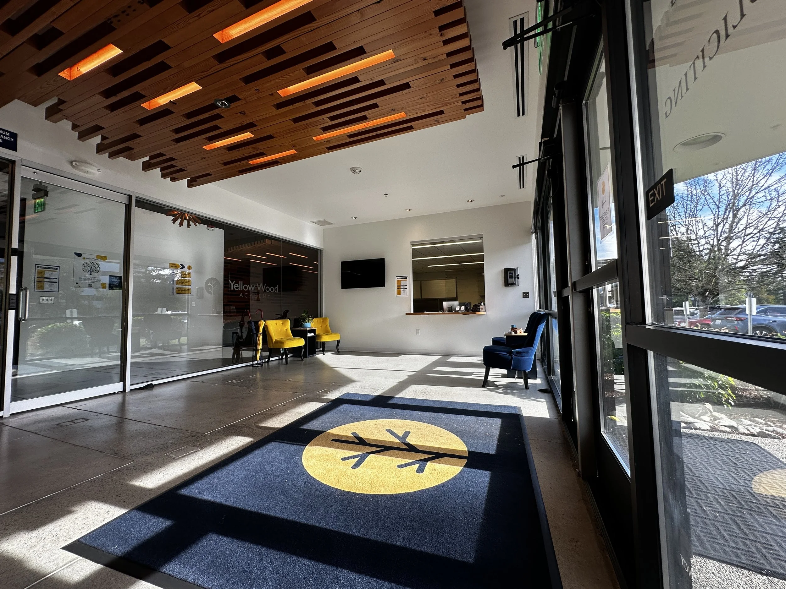 Yellow Wood Academy lobby with student seating area