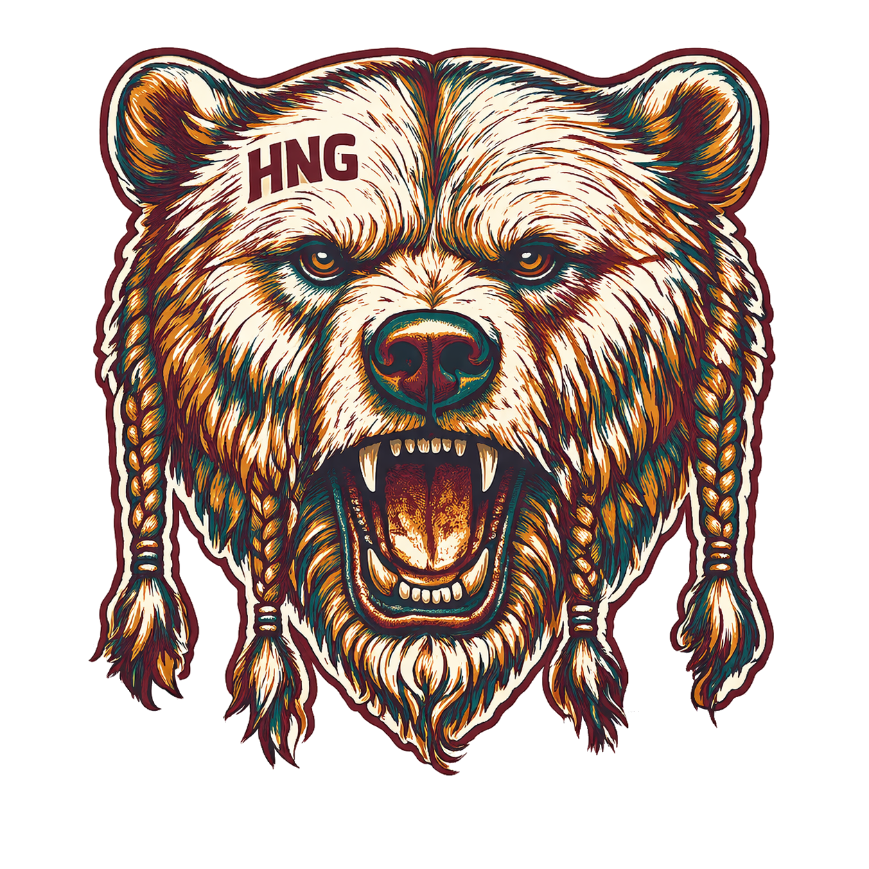 A fierce bear with an open mouth showing sharp teeth, braided hair on the sides, and the letters HNG on its forehead in a colorful, detailed illustration.