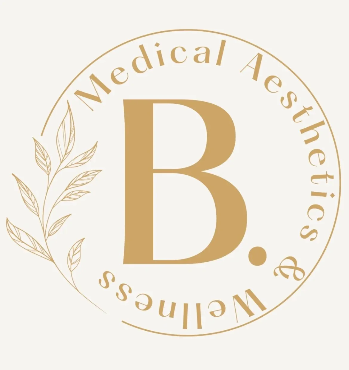 A round logo with the letter 'B' in gold at the center, surrounded by the text 'Medical Aesthetics Wellness' in a circular layout, with a gold leaf design on the left side.