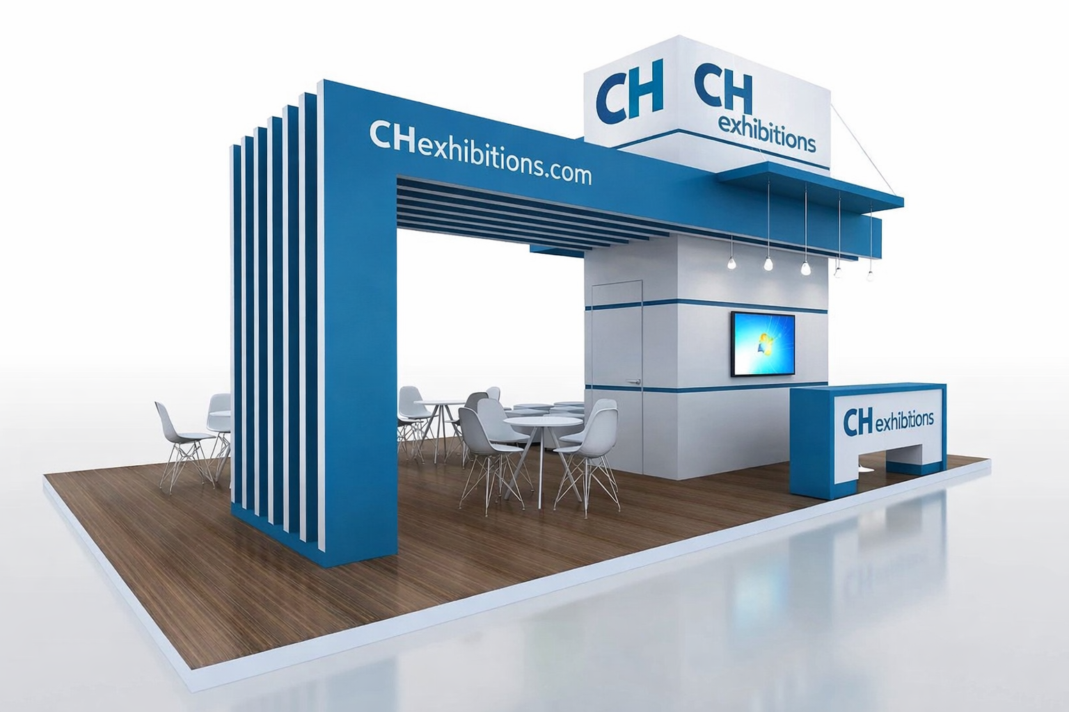 Trade show booth with blue and white branding for CHexhibitions, featuring a seating area with white chairs and tables, a monitor on a white wall, and a counter on a wooden floor