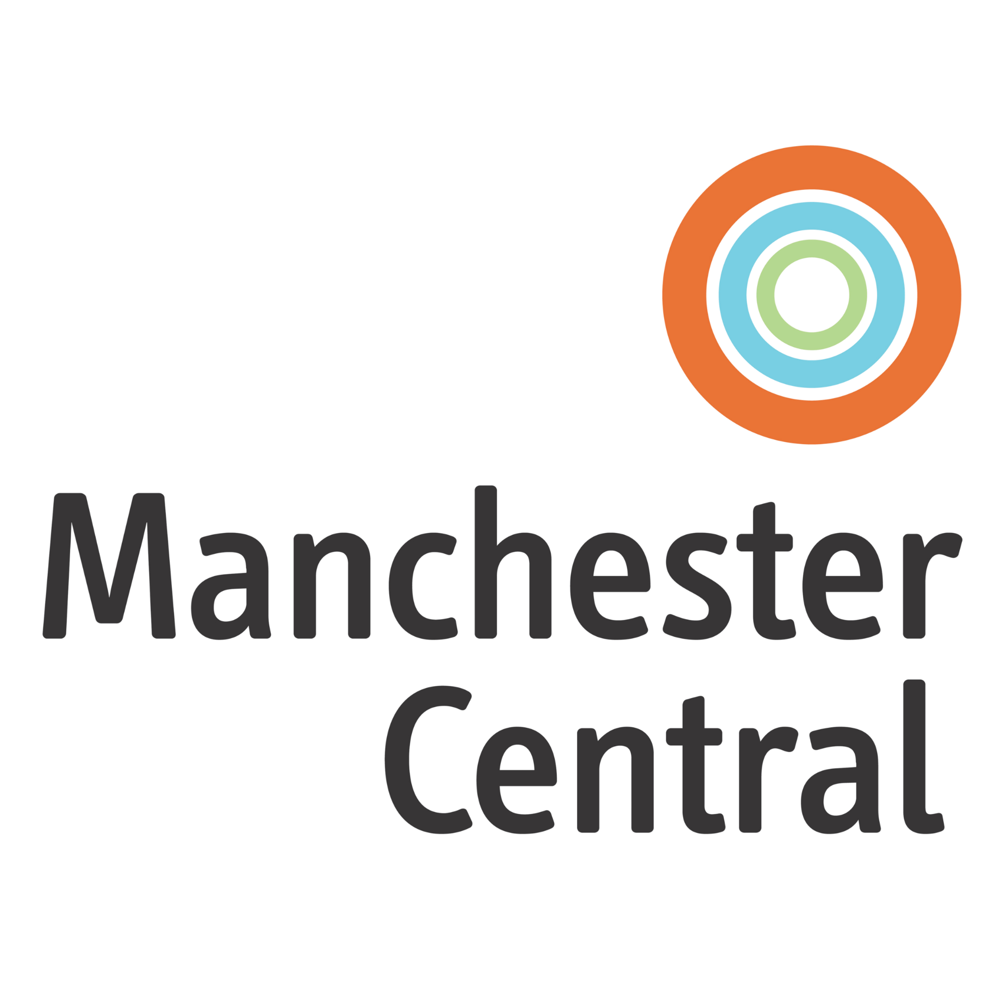Logo of Manchester Central featuring stylized concentric circles in orange, blue, green, and gray with the text 'Manchester Central' in black.