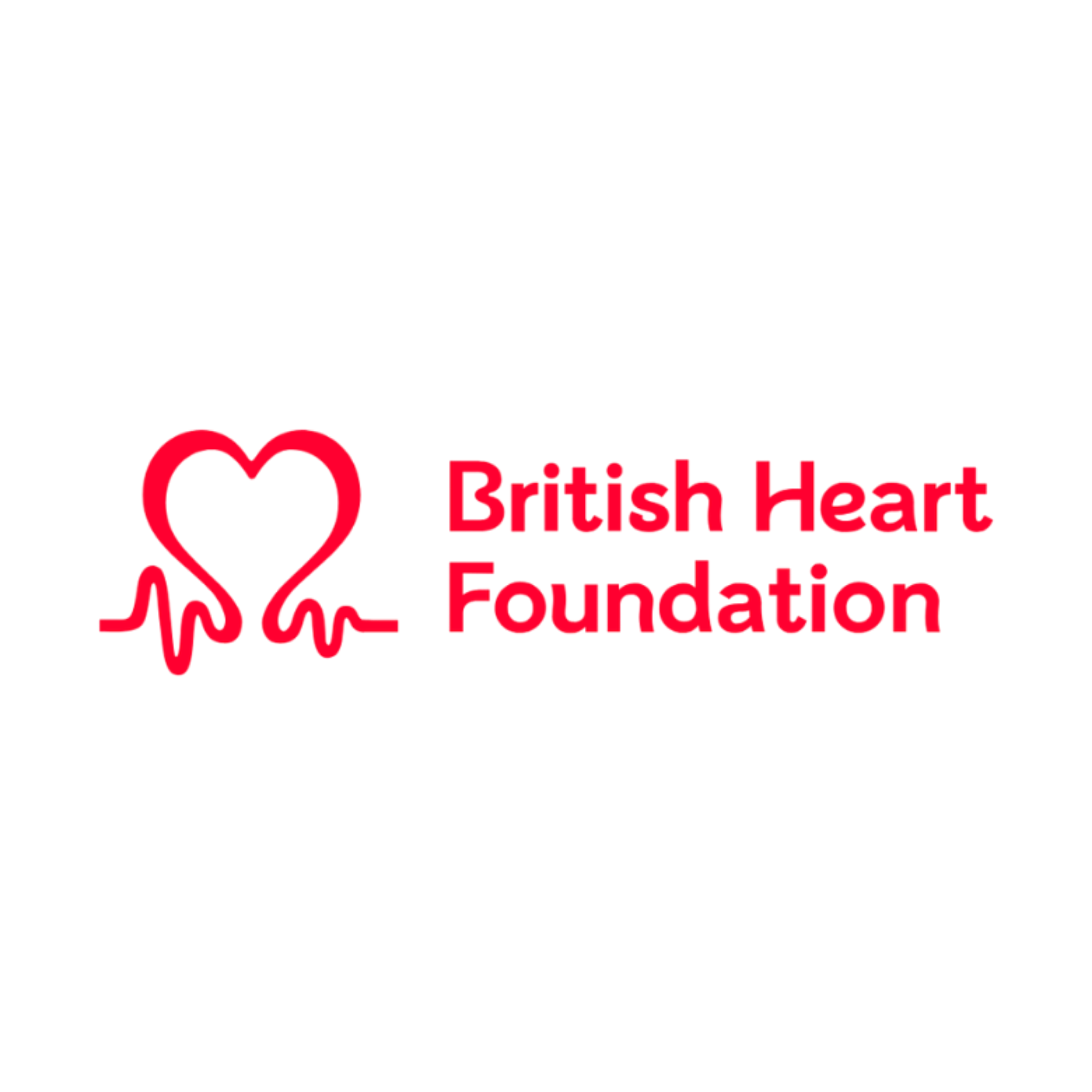 Logo of the British Heart Foundation featuring a stylized red heart with an electrocardiogram line, and the organization name in red text.