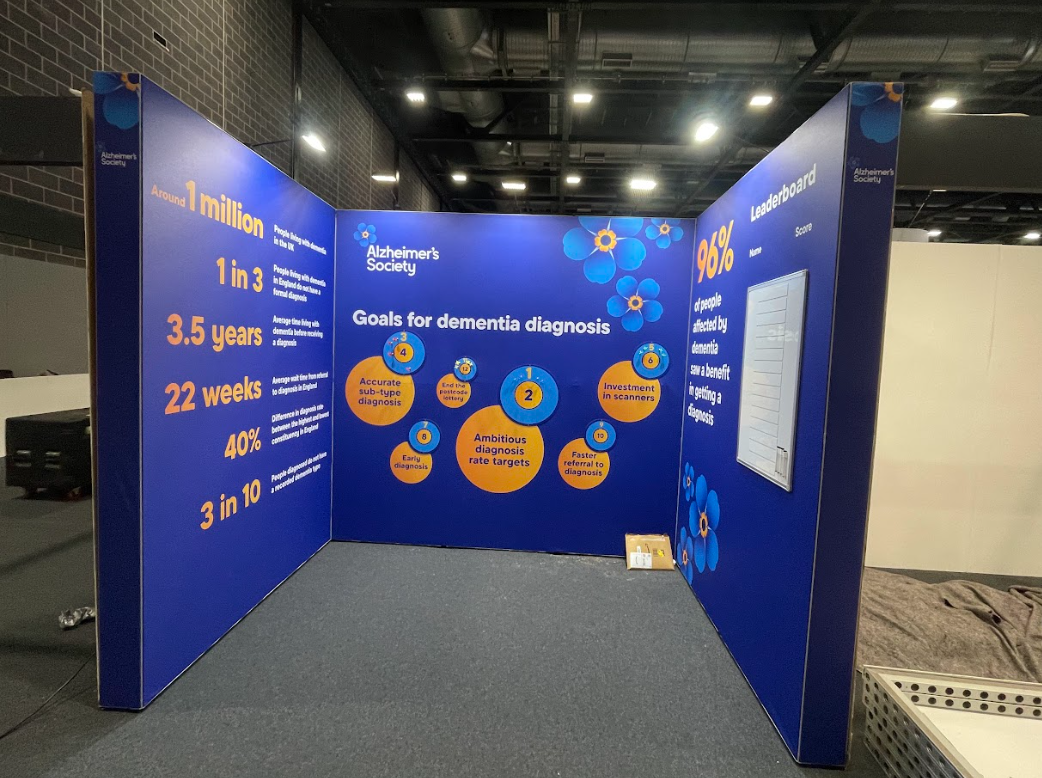 Display board with statistics and goals for dementia diagnosis by the Alzheimer's Society, including facts about Alzheimer's, diagnostic goals, and the importance of early detection.