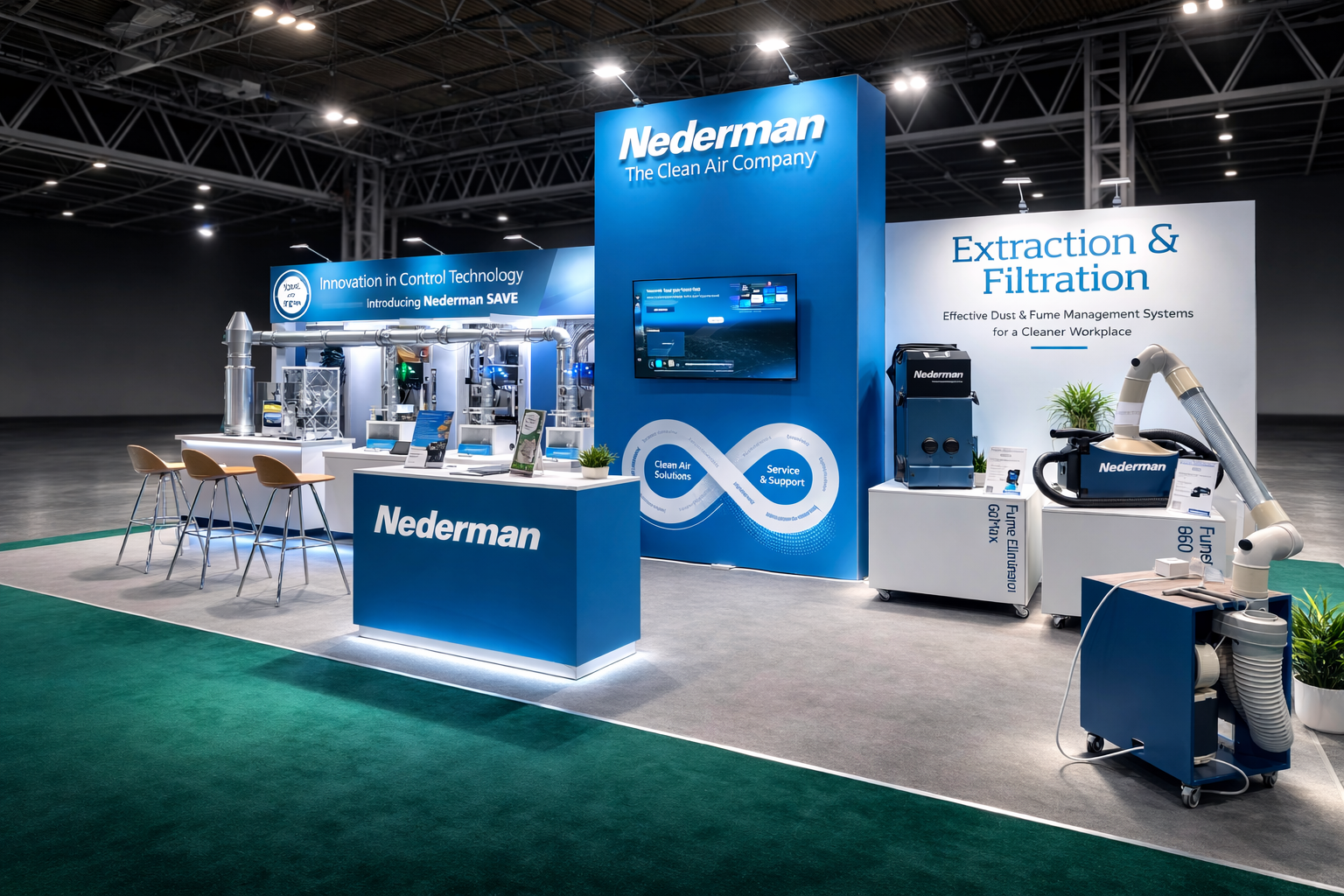 Trade show booth for Nederman featuring air filtration and dust management systems, with a blue and white color scheme, informational displays, and equipment including hoses and filters.