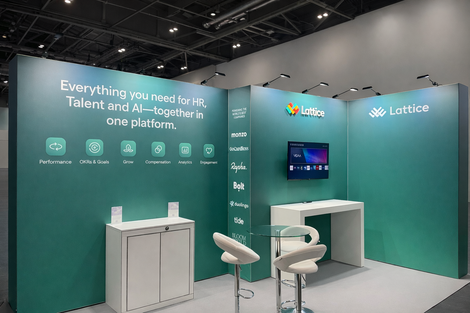 Trade show booth for Lattice, showcasing HR, talent, and AI platform. Features a teal background with white text, icons for performance, OKRs & goals, grow, compensation, analytics, and engagement, and logos of partner companies. Contains a televisio
