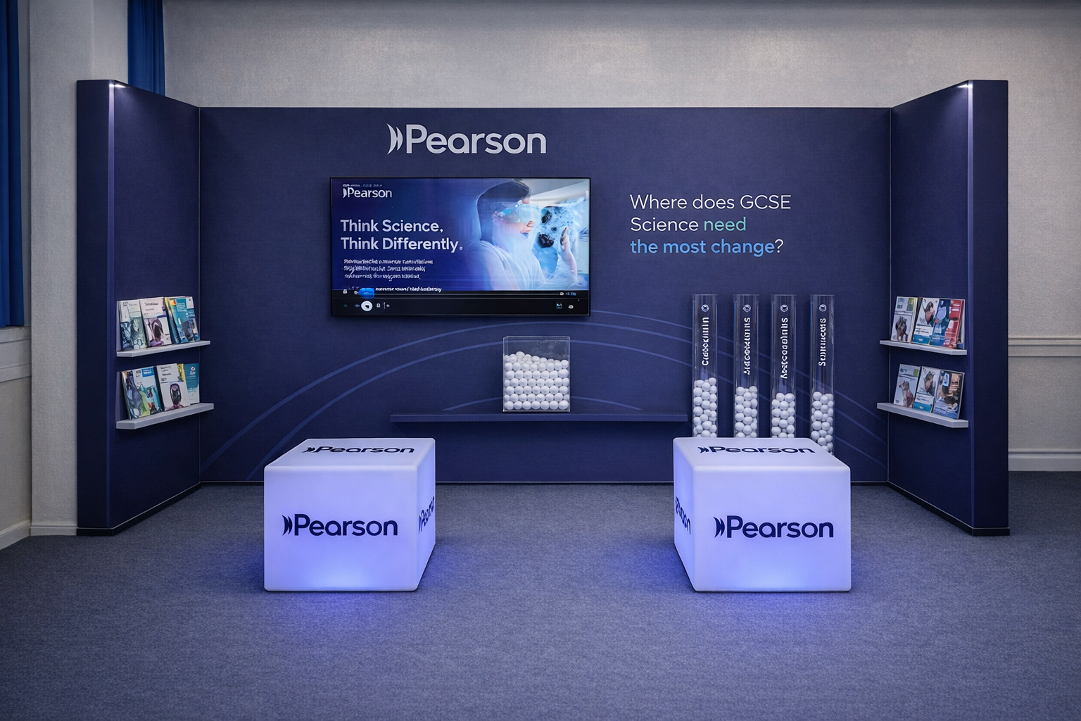 Exhibition booth with Pearson branding, featuring a large screen displaying 'Think Science, Think Differently', pamphlets on shelves, four tall transparent containers filled with white balls labeled 'Genomics,' 'Data & Analytics,' 'K-12,' and 'Source