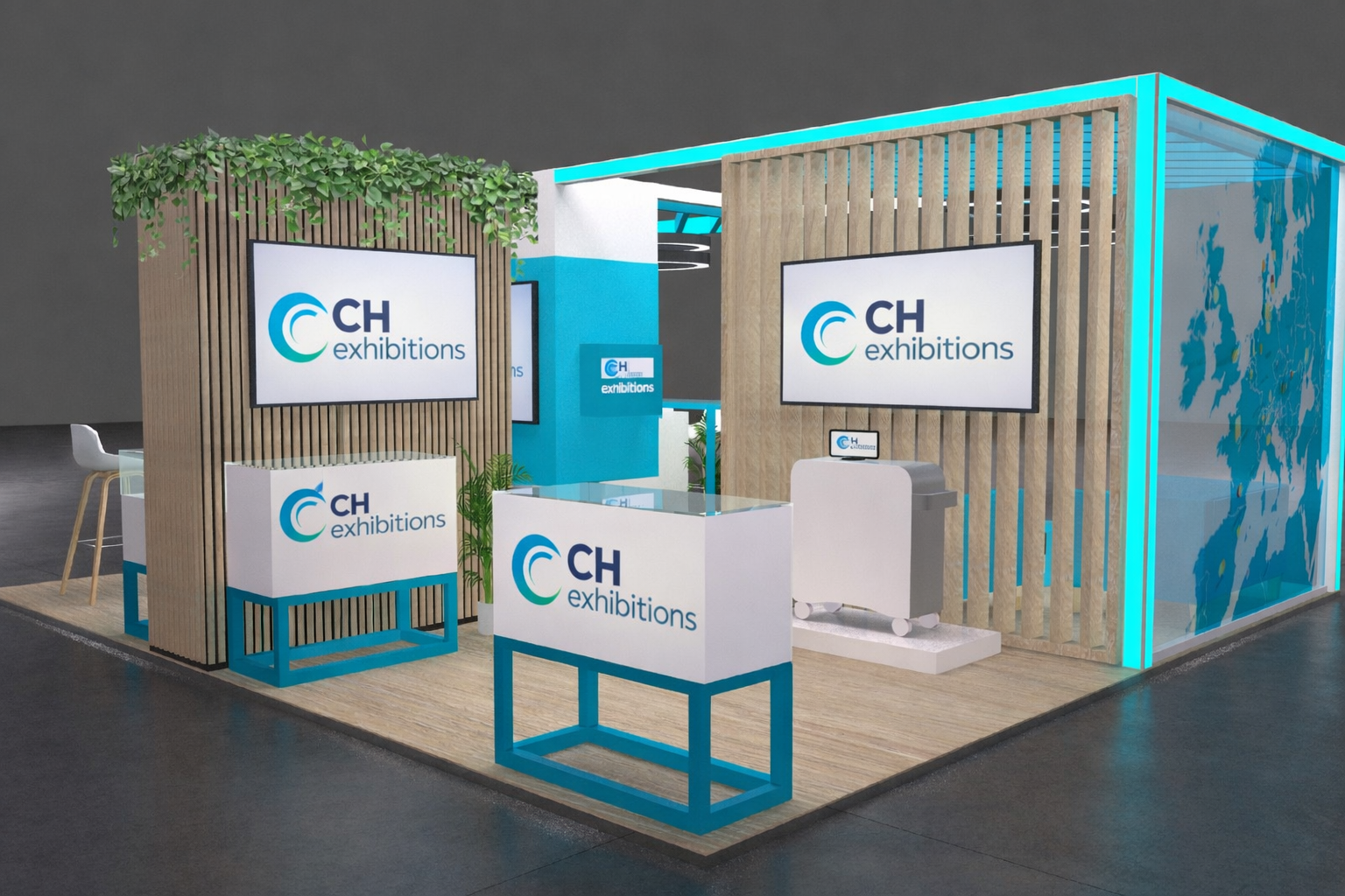 Trade show booth with wooden slats, large screens displaying 'CH exhibitions' logo, green plants, and a wood flooring area.