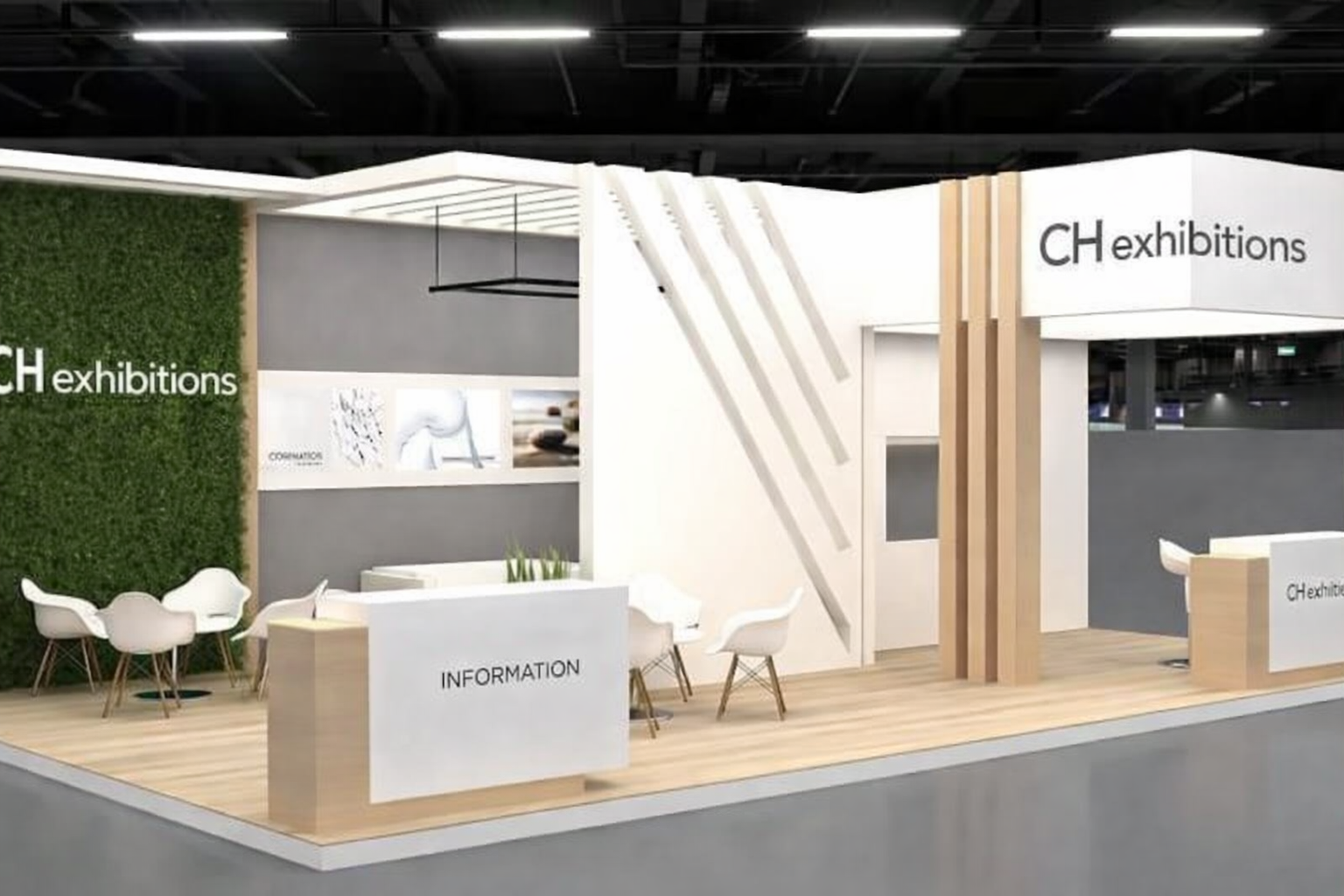 Exhibition booth with white and wood design, green wall, chairs, and signage reading 'CH exhibitions' and 'INFORMATION'