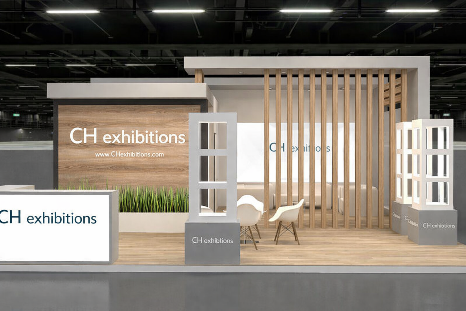 Exhibition booth for CH exhibitions, featuring wooden accents, seating area, informational signage, and a website URL.