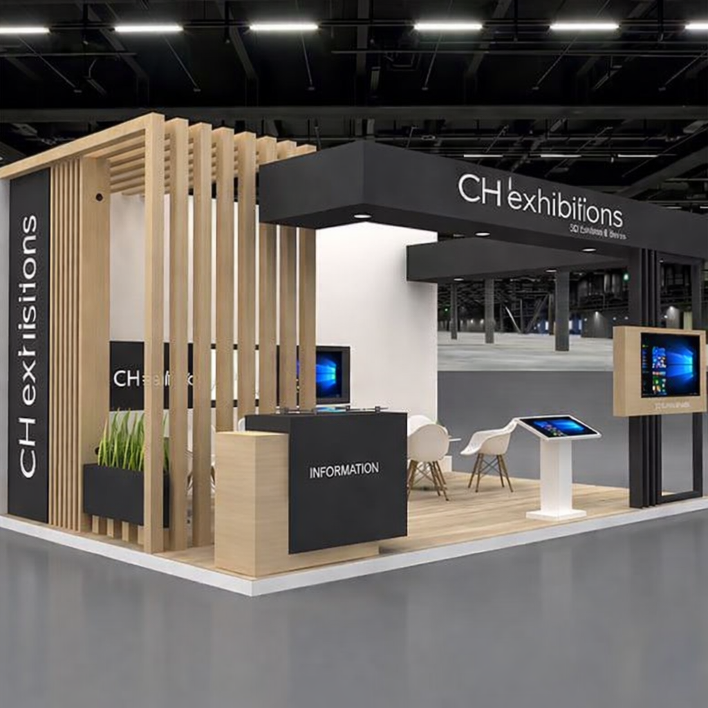 Exhibition booth for CH exhibitions featuring an information desk, seating, monitor screens, digital kiosks, and decorative wooden slats.