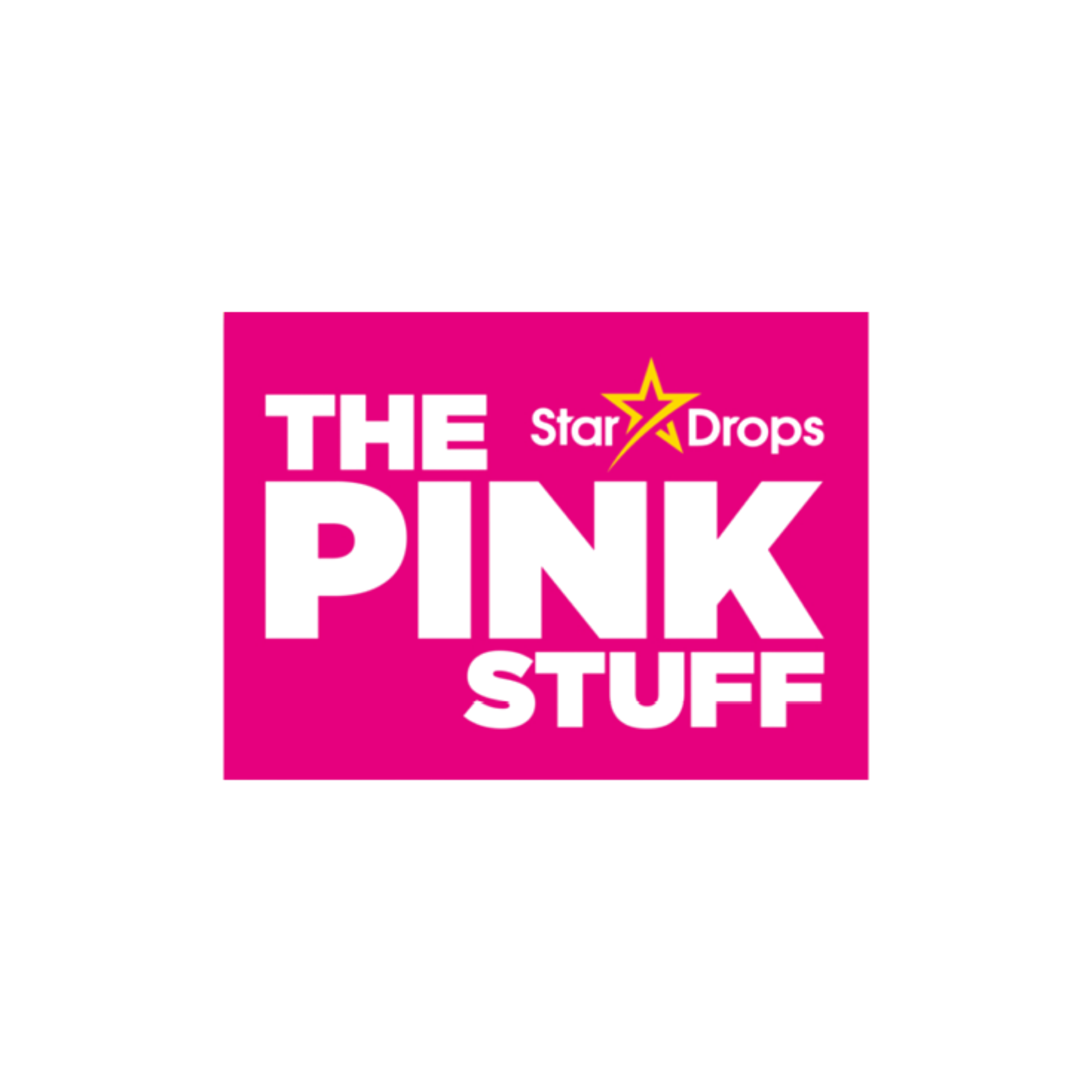Pink logo with black bold text that reads 'The Pink Stuff' and smaller text 'Star Drops' with a yellow star and lightning bolt design.