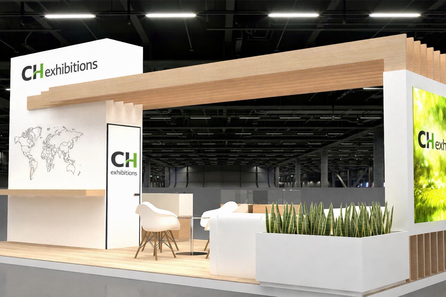 Exhibition booth with the logo 'CH exhibitions', featuring a world map graphic, a seating area with white chairs and a table, a large green visual display, and wooden accents.