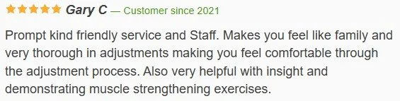 Customer review describing friendly service, thorough adjustments, and helpful insights on muscle strengthening exercises.