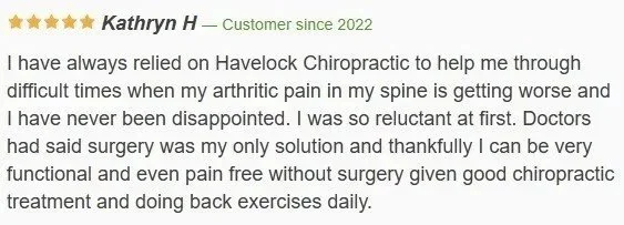 Customer review praising Havelock Chiropractic for relief from arthritic back pain and regular back exercises.