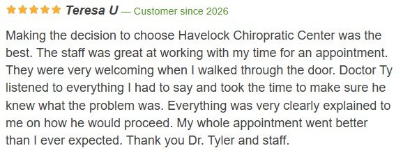 A customer review with five stars and positive feedback for Havelock Chiropractic Center.