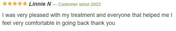 Customer review with five-star rating expressing satisfaction with treatment.