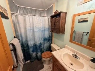 Small bathroom with a wooden medicine cabinet, a mirror, a single sink vanity, a toilet with a wooden seat, and a blue tie-dye patterned shower curtain.