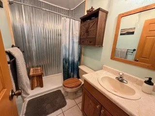 Bathroom with a sink, mirror, wooden cabinet, toilet, shower with curtain, and a gray bath mat.