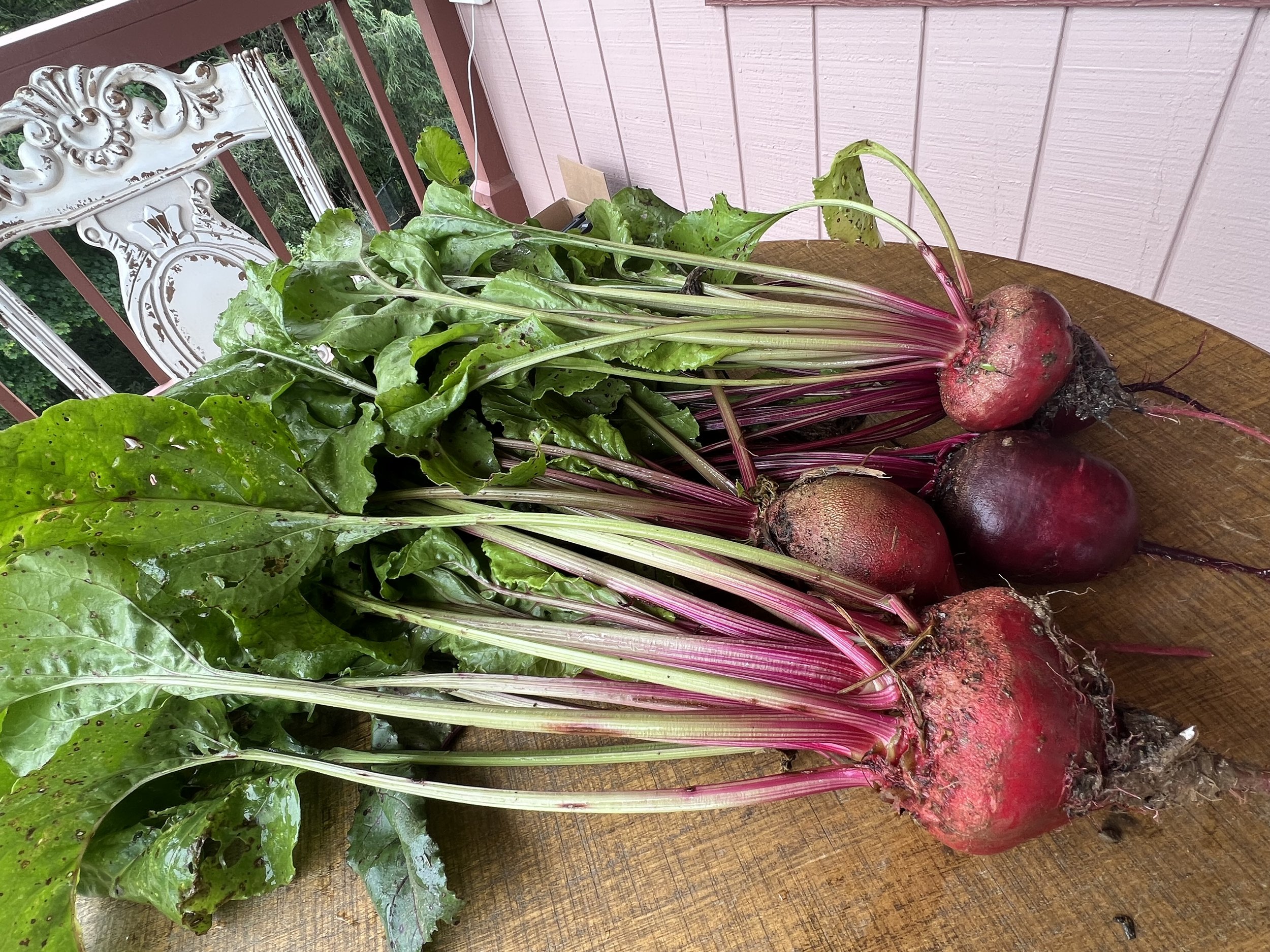 Fresh whole red beetroots with green leaves on a wooden surface.