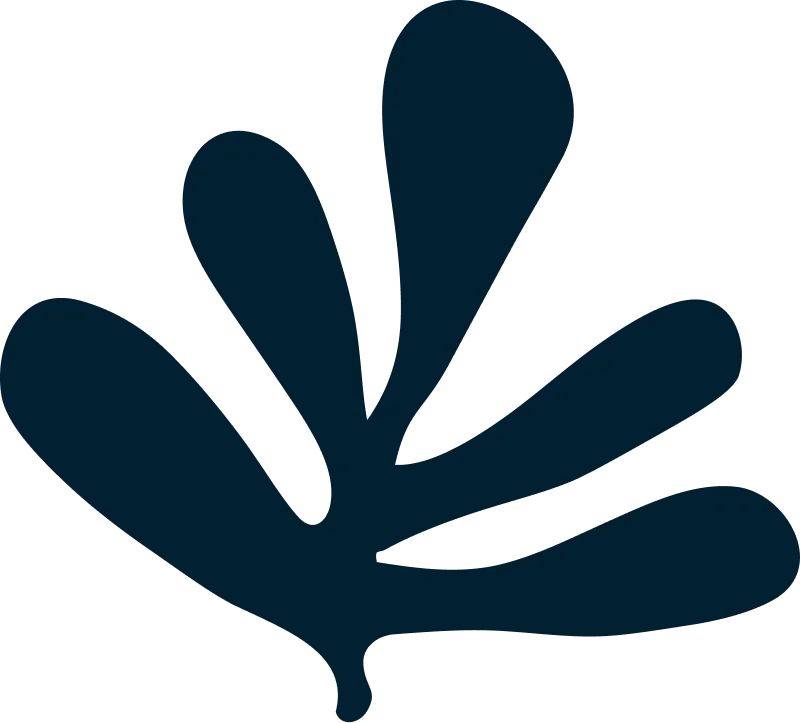 A dark blue abstract shape resembling seaweed.